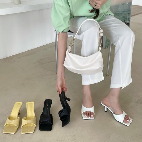 

slippers shoes shallow women summer thin heels beige heeled sandals pantofle slides low black high 2021 pu rome fabric basic rub