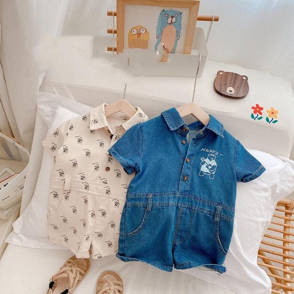 

jumpsuits summer 2021 boys girls cartoon denim short sleeve korean style children turn-down collar loose bodysuits, Blue
