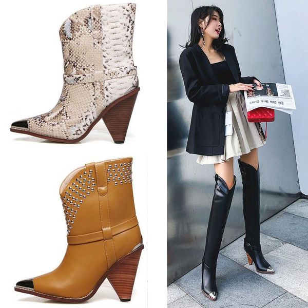 

boots metal pointed high heels women's leather slope heel personalized short large women, Black
