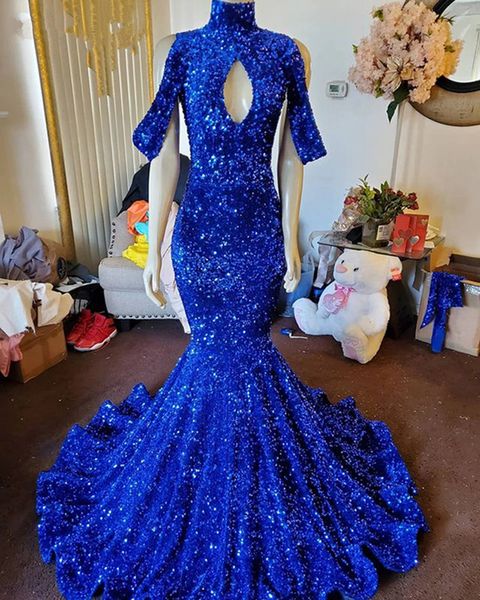 Yüksek Boyun Kraliyet Mavi Mermaid Balo Elbise 2021 Afrika Siyah Kızlar Uzun Abiye Artı Boyutu Kız Parti Giyim Için
