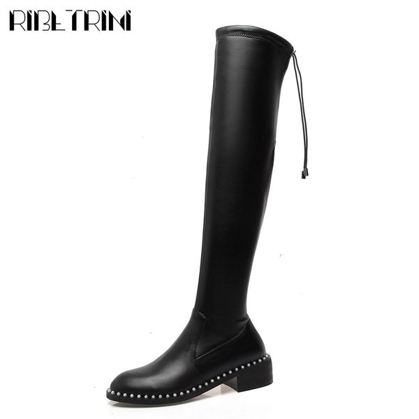 

boots genuine leather ladies round toe brand shoes rivet over the knee women zipper designer boots, Black