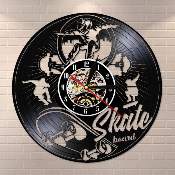 

wall clocks skate board black lp clock skateboard roller skaters record art teenage room silent quartz