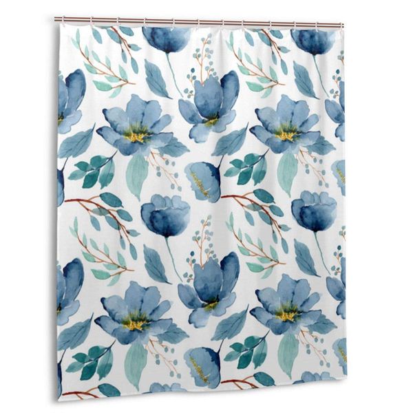 

marrtly shower curtain set with hooks blue flower floral pattern with roses watercolor colorful abstract bathroom decor