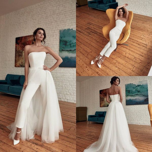 Abito da sposa senza spalline tuta treno staccabile 2022 vacanze estive spiaggia abiti da sposa bohémien con tailleur pantalone semplice tulle di raso su misura