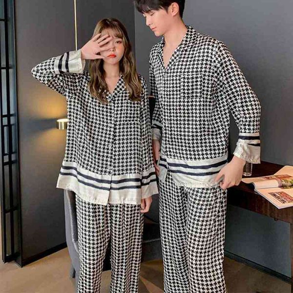 

women's sleepwear printed houndstooth pajamas for couple satin pjs button-down pyjamas pour femme lapel loungewear home cloth, Black;red