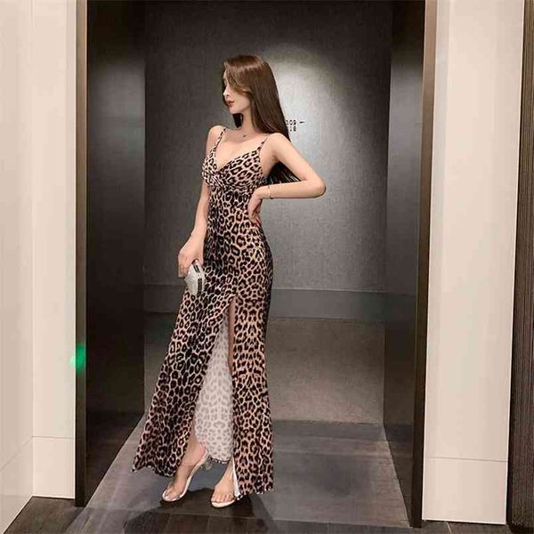 

summer women's dress korean style cross v-neck leopard print tight slim strap female es ll191 210506, Black;gray