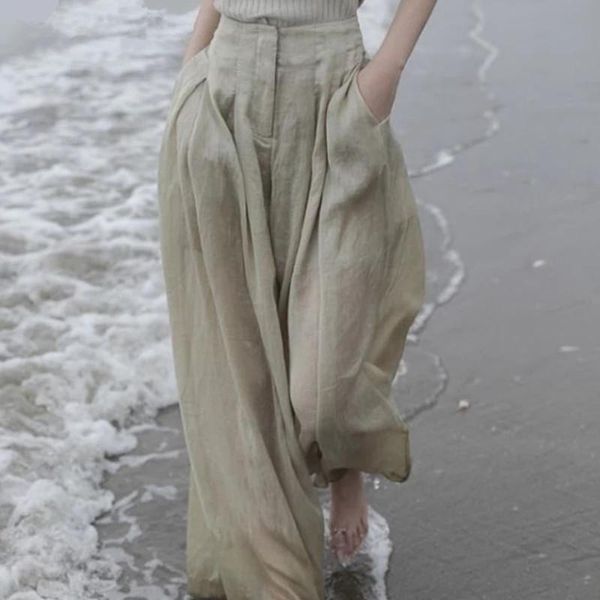 

women's pants & capris causal see through linen women high waisted long trousers 2021 summer thin wid eleg mujer, Black;white