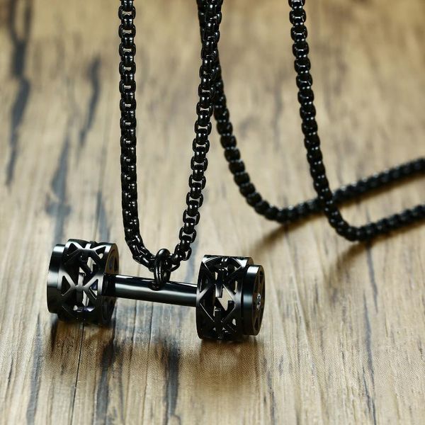 

pendant necklaces kurshuni fitness expert dumbbell necklace for men 316l stainless with black barbell male sporty jewelry boys gifts, Silver
