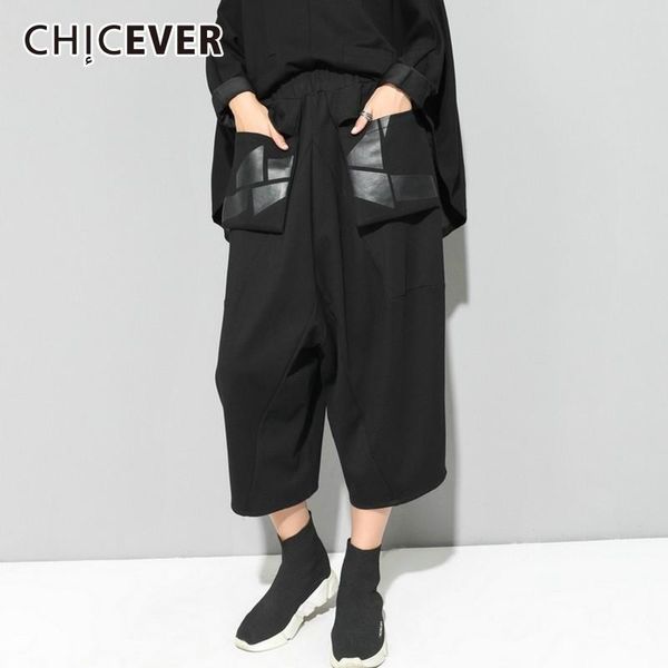 

women's pants & capris chicever autumn winter wide leg female elastic waist loose black calf length fashion streetwear tide, Black;white