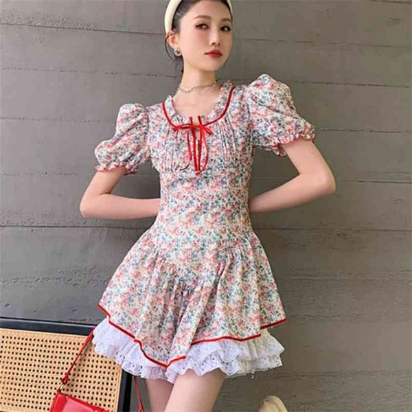 

french vintage floral print summer dress women korean cute lace spliced contrast puff sleeve sweet mini beach robes 210514, Black;gray