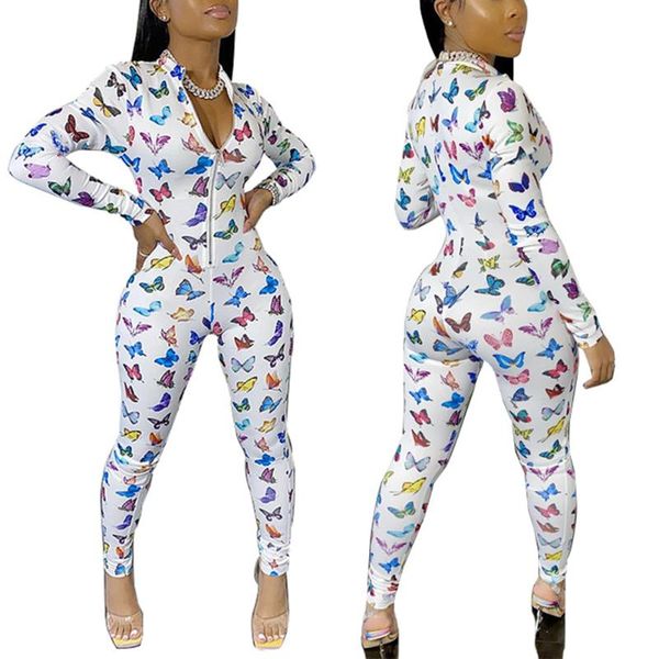 

women's jumpsuits & rompers women summer butterfly printed jumpsuit 2021 fashion zipper decor long sleeve skinny romper ladies female o, Black;white