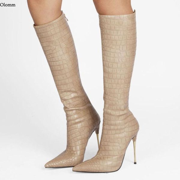 

boots olomm women winter knee stone metal stiletto heel pointed toe gorgeous khaki coffee club wear shoes us size 5-13, Black