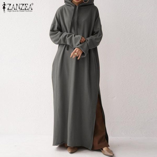 

casual dresses zanzea winter autumn sweatshirt dress women hoodies maxi long stylish sleeve split sundress solid pullover vestido, Black;gray