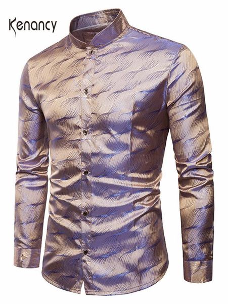 

hemiks men patterned shiny leaf print shirts spring lapel long sleeves casual shirt men's fashion male blouses, White;black