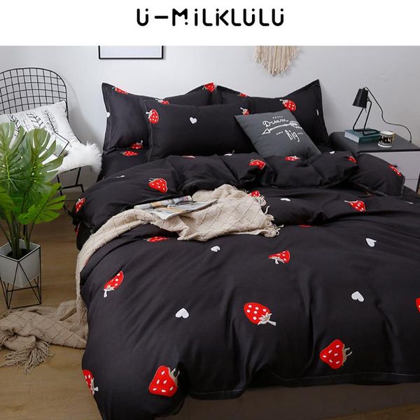 

bedding sets strawberry set kawaii sheet 150 single double  king size elastic duvet cover pillowcase black bed comforters