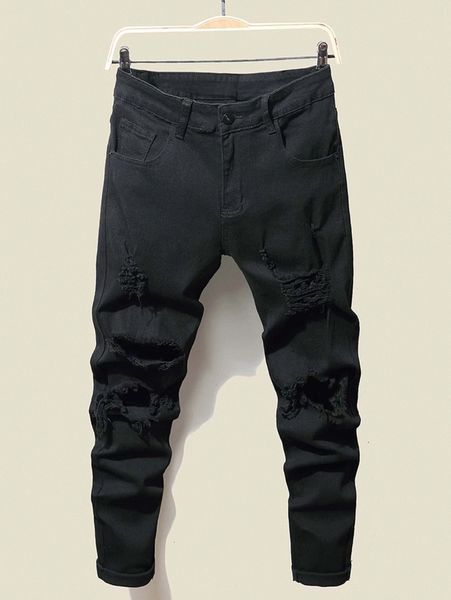 

men ripped raw trim tapered jeans t87g#, Blue