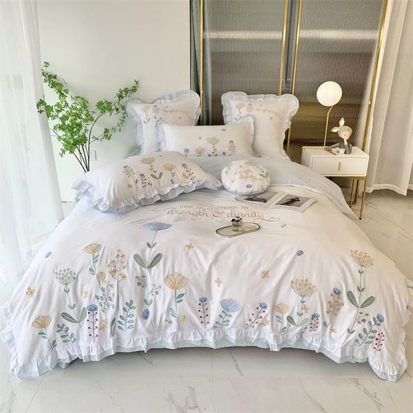 

bedding sets luxury princess set 400tc cotton flowers embroidery ruffles duvet cover quilt bed comforter fitted sheet