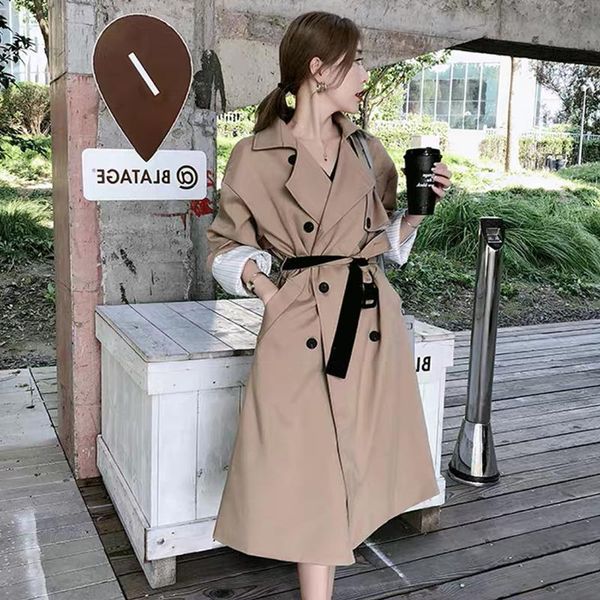 

spring elegant women long trench coat fashion wind double breasted with waist belt outwear windbreaker female fy52 women's coats, Tan;black