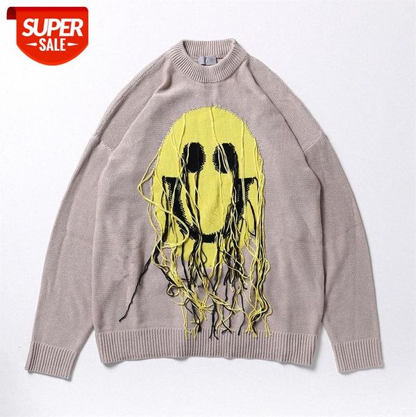 

european and american simple contrast color tassel sweater street loose smile jacquard round neck pullover long sleeve #io5d, Black