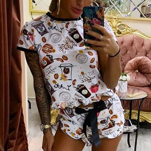 

printed t shirt shorts women pajamas o neck elastic waist bow ruffle hem female sets 2021 summer fashion ladies home clothes, Black;red