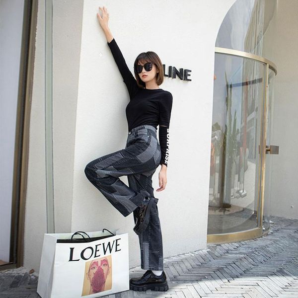 

women's jeans plus size plaid women 2021 fashion autumn loose casual straight england style denim pants female high waist trousers muje, Blue