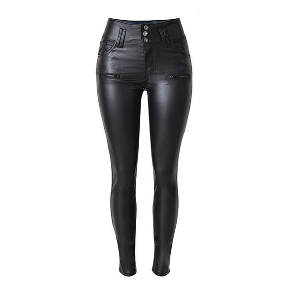 

women's pants & capris autumn and winter high waist 3 buckle slim slimming imitation leather feet pu wild large size fashion casual k17, Black;white