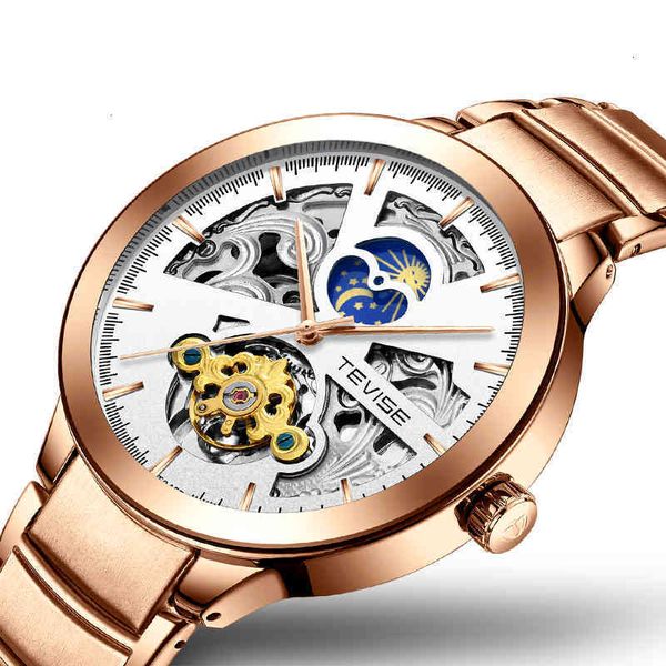 

trend man automatic mechanical 2021 clock broke stainless steel tape waterproof moon and stars business gentlemen clocks t845b, Slivery;brown