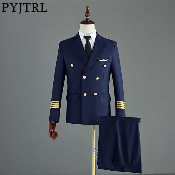 Pyjtrl Navy Blue Blue Black Mens двухсекционный капитан костюмы куртки и брюки мужские жених свадьба свадьба стройный подходящий костюм костюм Homme смокинг X0909