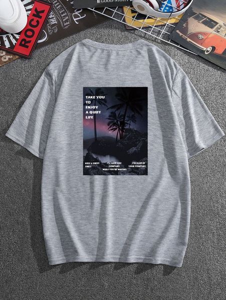 

men slogan and coconut tree print tee u9f0#, White;black