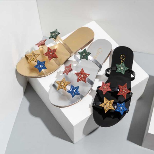

slippers characteristic star adornments buckle flat heel lady sandal thin belt bottom slipper candy color temperament small tound toe, Black