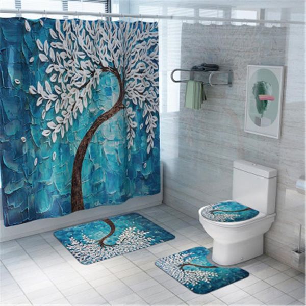 

bathroom mat set non-slip print flower bath coral fleece shower curtain floor washable toilet rug mats