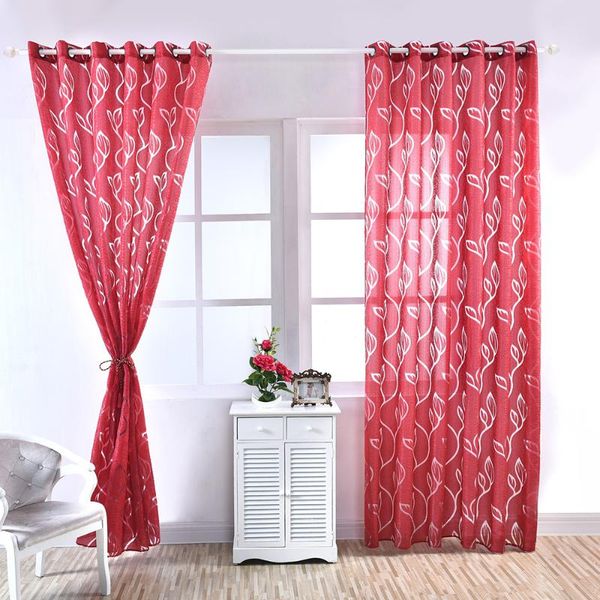 

curtain & drapes 2pcs leaf printed fashion single side window screening creative gauze (red, 100x250cm)