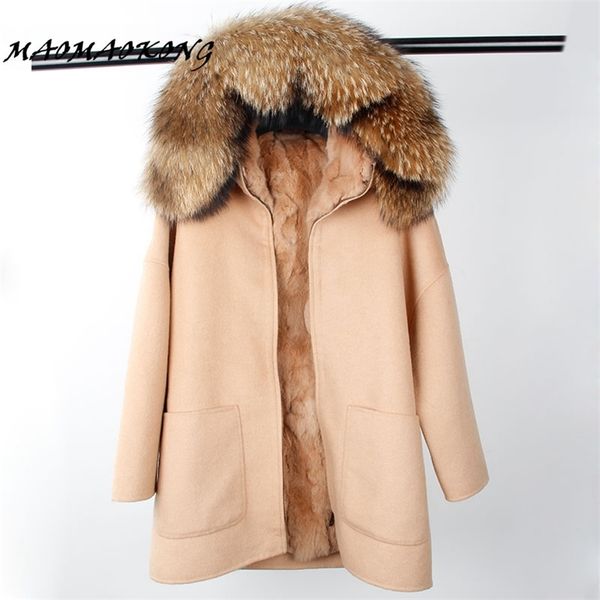 

winter parka wool cashmere coat women fur jacket overcoat collar hooded rex rabbit fur liner 211019, Black