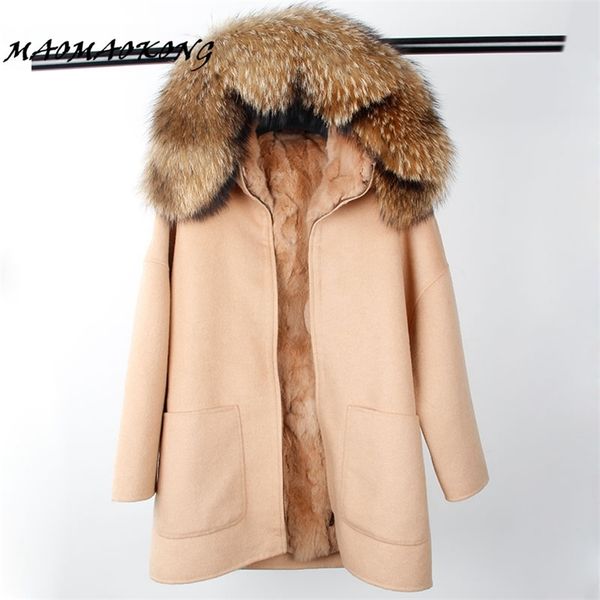 Inverno parka lã cashmere casaco mulheres casaco de pele casaco colarinho capuz Rex coelho forro de pele superior qualidade 211019