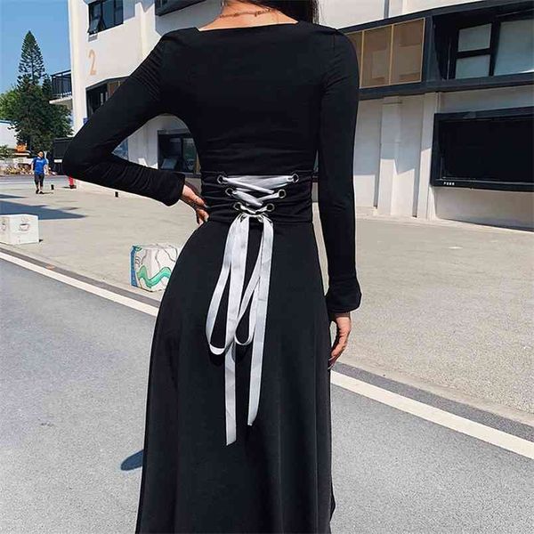 Omsj outono inverno roupas mulheres moda preto bodycon longo vestido senhoras elegante manga cheia quadrado colarinho vestidos 210517