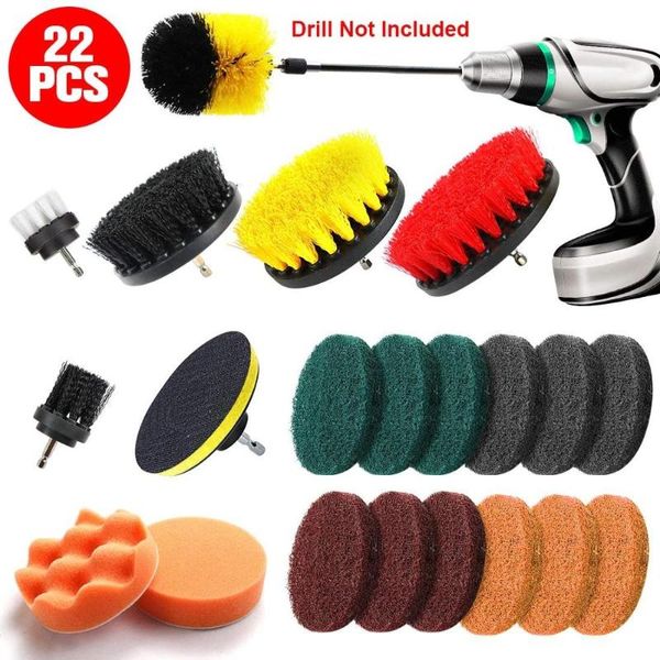 

car sponge 22 piece power scrubber drill brush kit, scrub with extend long attachment, scrubing pads cleaning kit