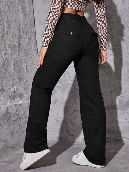 

solid slant pocket straight leg jeans e2zs#, Blue
