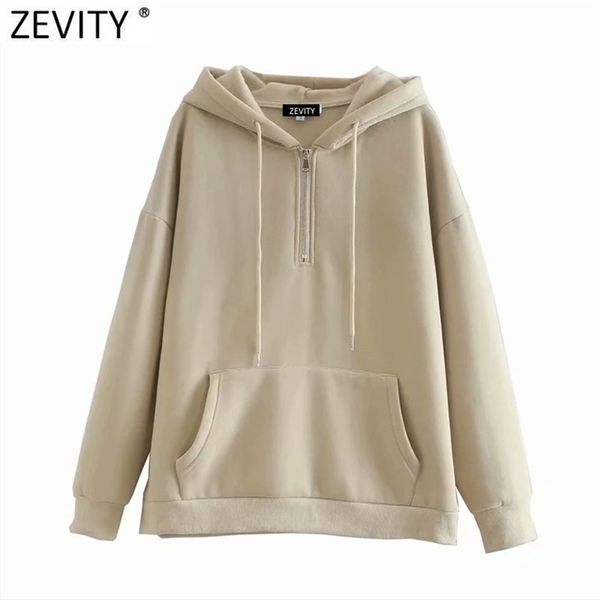 

women fashion zipper decoration casual loose fleece sweatshirts female basic pockets hoodies chic pullovers h522 210420, Black
