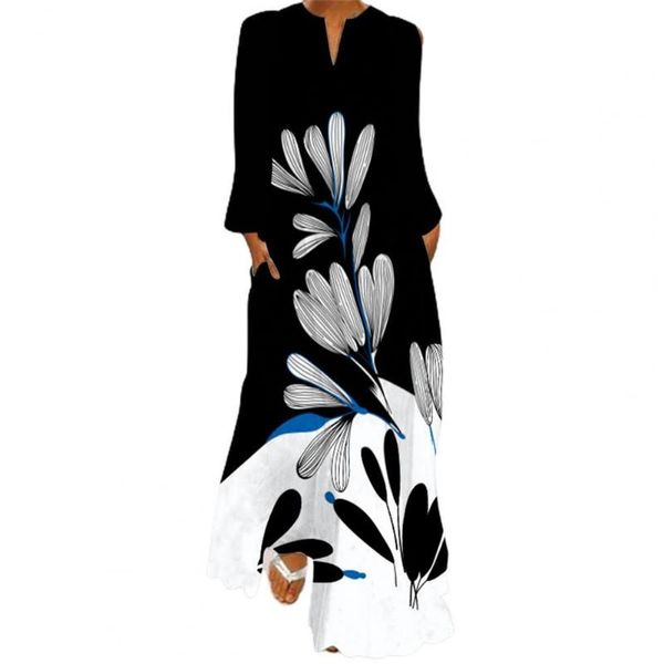 

casual dresses long dress vintage print v neck women sleeve large hem insert pockets beachwear, Black;gray