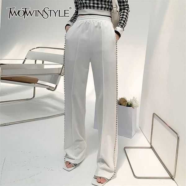 

twotyle white casual diamonds pant for women high waist solid elastic minimalist pants females fashion summer clothing 211124, Black;white