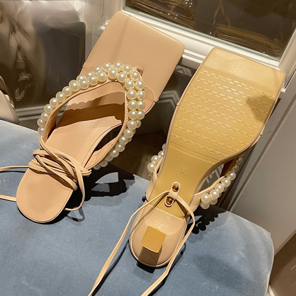 

fashion string beading design sandals summer slippers lace up flip flops for women clip toe ankle strap sandal ladies low heel party shoes w, Black