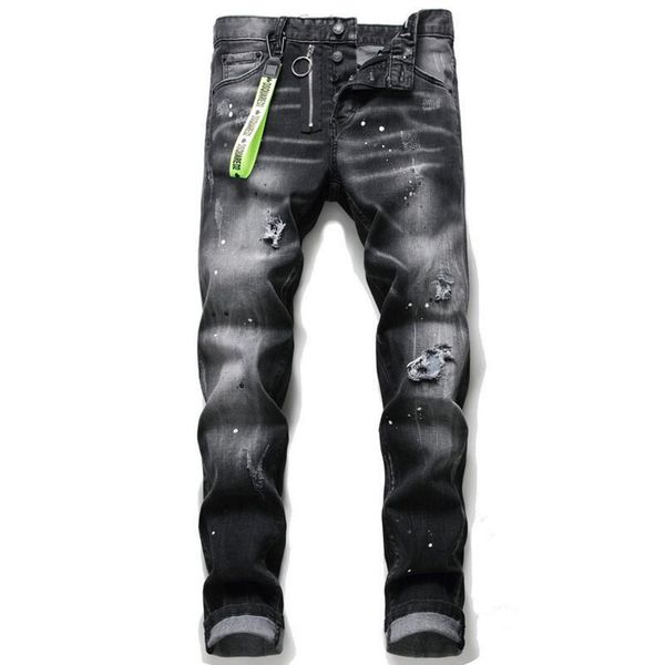 

men's jeans men black denim street wear straight fit long pants holes stretch casual size 38, Blue