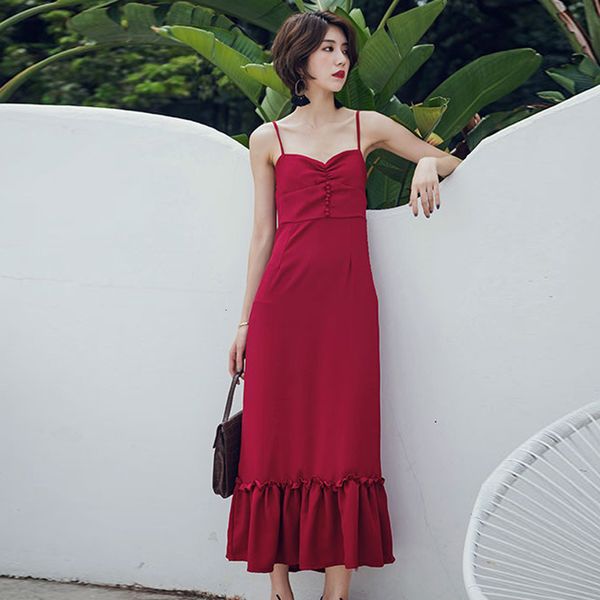 

dresses seaside holiday beach skirt red gentle temperament suspender slim ruffle summer dress, Black;gray