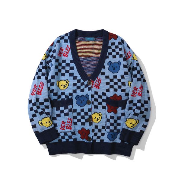 

spring and autumn funny bear cardigan sweater high street oversized v-neck men sweaters hip-hop retro men vintage sweater, White;black