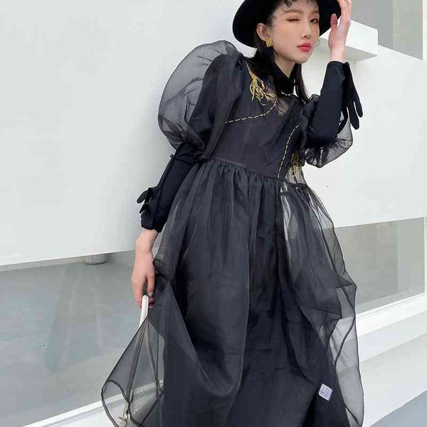 

casual dresses 2 piece mesh black long women puff sleeve tunic a line hollow out ladies midi designer 2021 qqd8, Black;gray