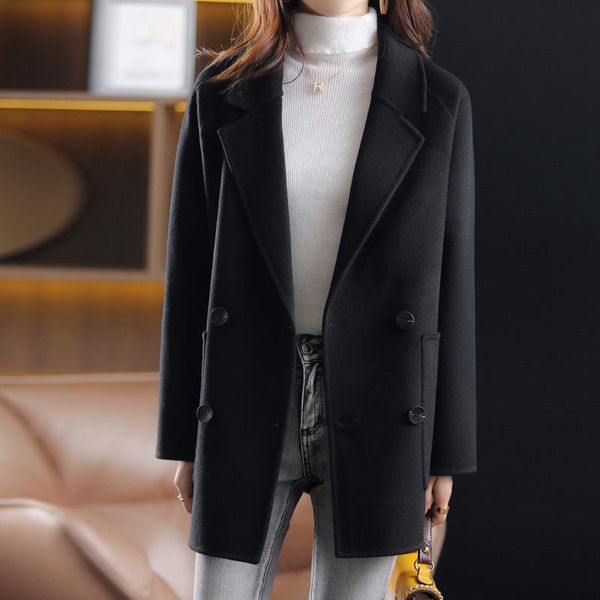 

women's wool & blends double sided tweed cashmere coat medium length autumn winter 2021 korean small suit collar, Black