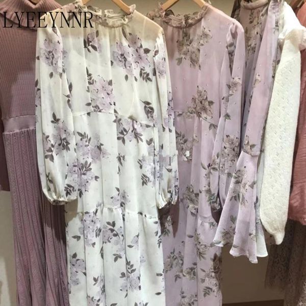 

casual dresses lyeeynnr women dress 2021 spring autumn korean elegant temperament ladies lantern sleeve floral print tied waisted long vesti, Black;gray