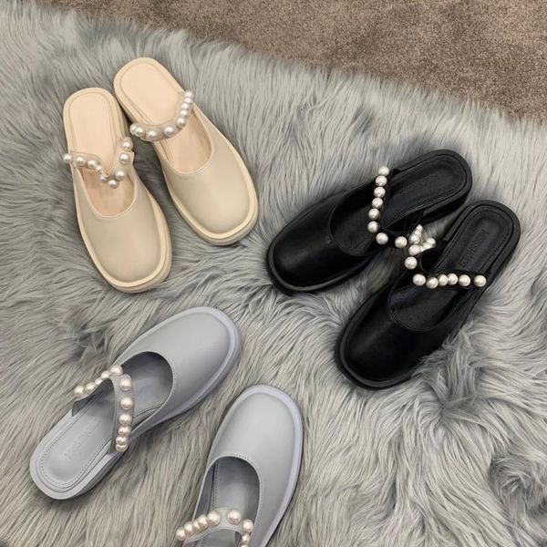 

slippers korean beads band mules women sandals ins summer mary jane shoes woman flip flops thicken soled pearl square toe slides, Black