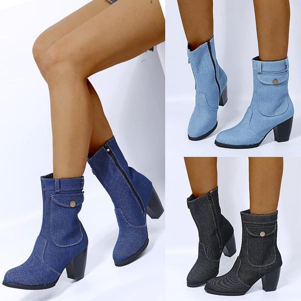 

boots fashion denim women ankle thick heels shoes female high ladies shoe brand 2021 boot woman zipper botas mujer, Black
