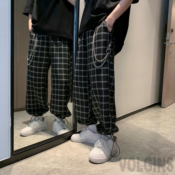 

black plaid with chain women pants wide leg harem streetwear summer hip hop casual trousers fashion male